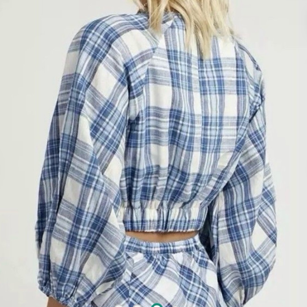 NWOT DISSH AYDEN BLUE PLAID LINEN SLEEVED CROP - 4 / BLUE - Picture 2 of 7